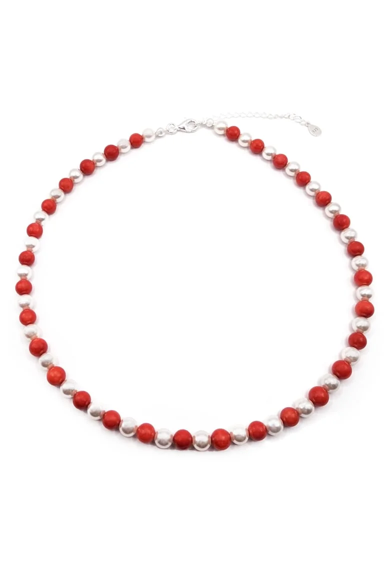 Colier handmade, ajustabil, din argint 925,  pietre semipretioase coral si scoica multicolor, max. 45.50 cm