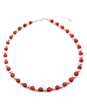 Colier handmade, ajustabil, din argint 925,  pietre semipretioase coral si scoica multicolor, max. 45.50 cm