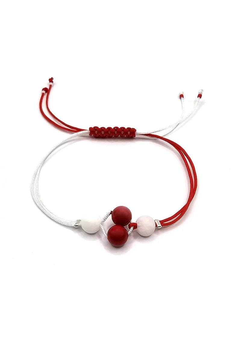 Bratara martisor, handmade, ajustabila,  snur de matase, pietre semipretioase scoica si jad, rosu/alb