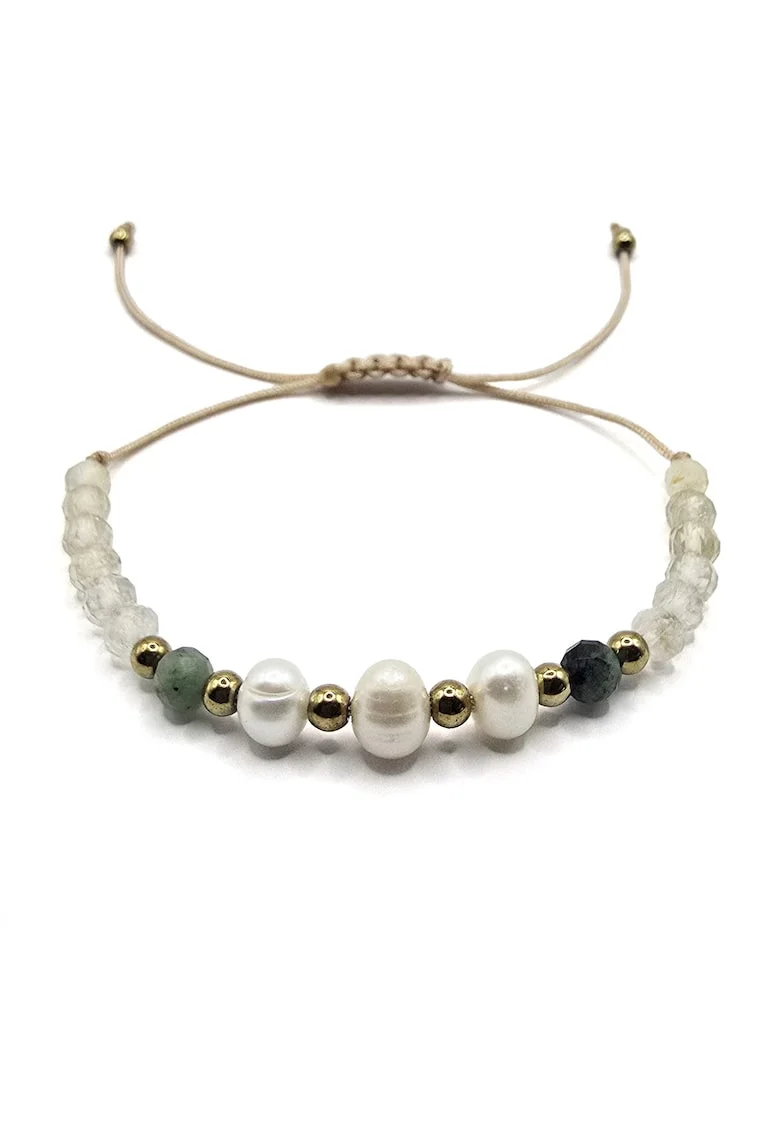Bratara handmade, ajustabila, zodia Gemeni,  pietre semipretioase Citrin, Hematit, Smarald si Perle de Cultura, bej