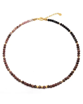 Colier handmade, ajustabil, argint 925 placat cu aur 24k,  pietre semipretioase rodonit, multicolor, max. 41.50 cm
