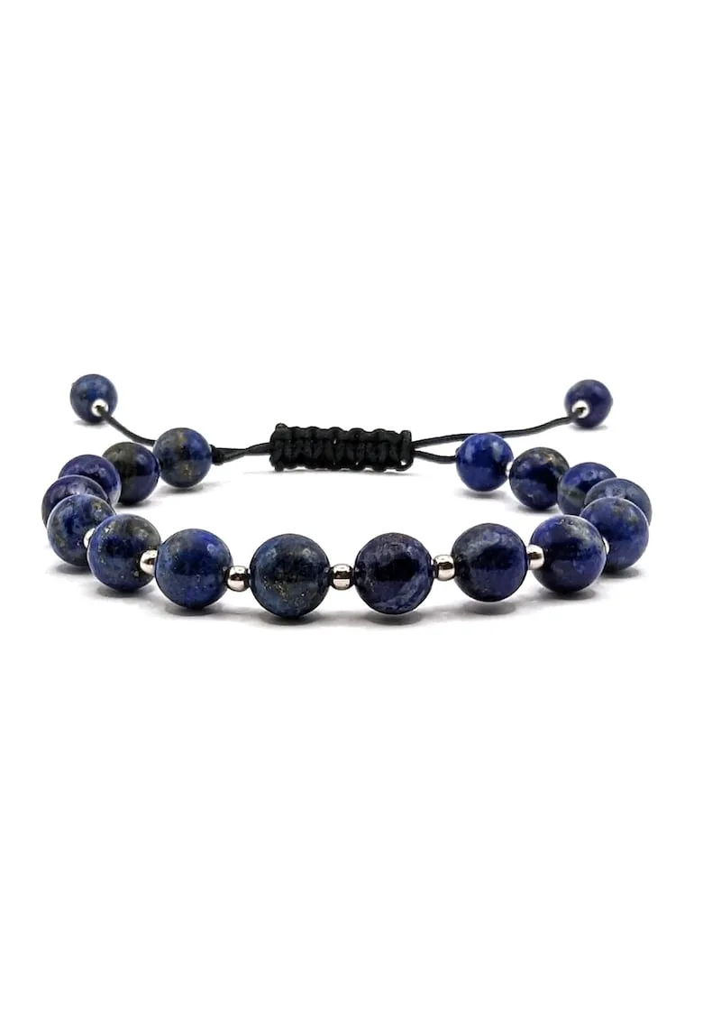 Bratara handmade, ajustabila, din argint 925,  snur de matase, pietre semipretioase lapis lazuli, negru