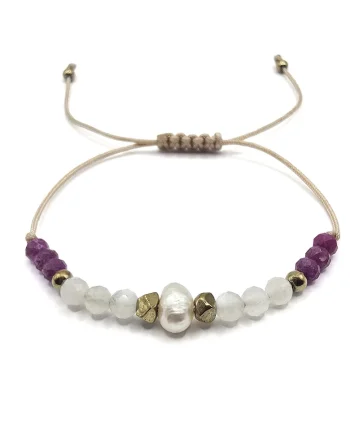 Bratara handmade, ajustabila, zodia Rac,  pietre semipretioase Rubin, Piatra Lunii, Hematit si Perla de Cultura, bej