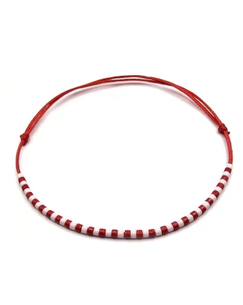 Bratara martisor, handmade, ajustabila,  snur de matase, margele Miyuki Delica, rosu/alb