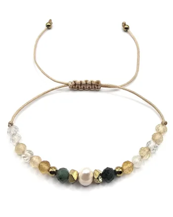 Bratara handmade, ajustabila, zodia Gemeni,  pietre semipretioase Citrin, Hematit, Smarald si Perla de Cultura, bej
