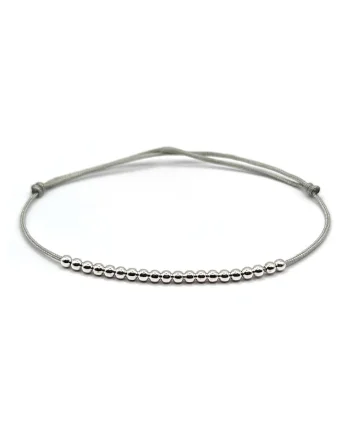 Bratara handmade, ajustabila, din argint 925,  snur de matase, 20 margele argint 2.20 mm, argintiu/gri