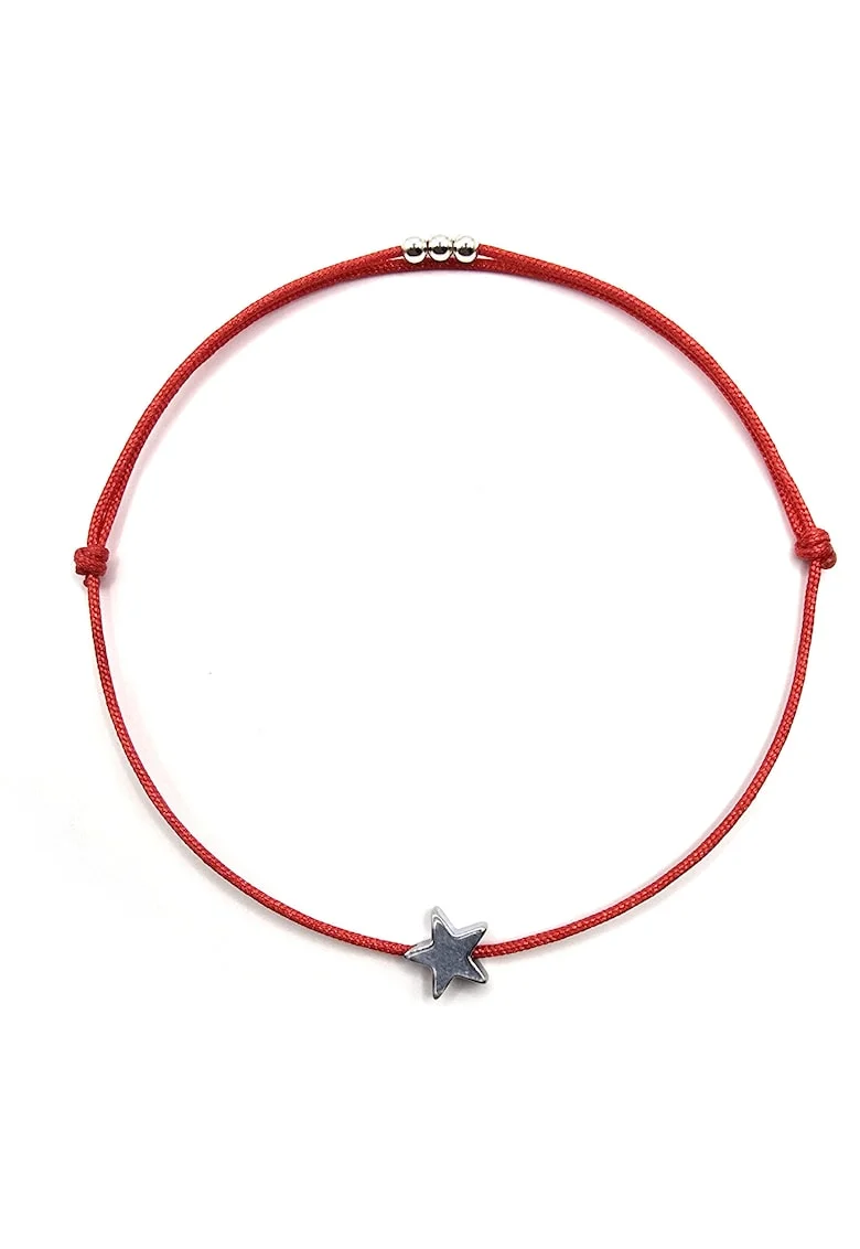Bratara martisor, handmade, ajustabila, cu margelute din argint 925,  piatra semipretioasa hematit in forma de stea, rosu/argintiu