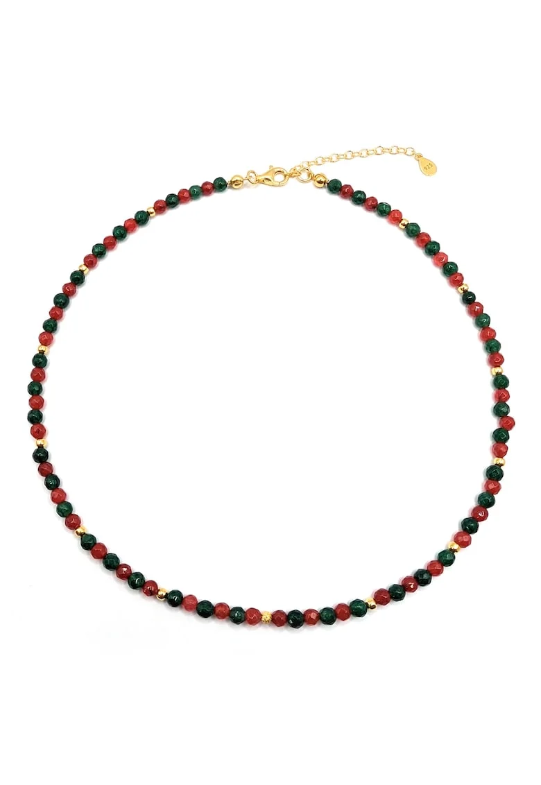 Colier handmade, ajustabil, din argint 925,  pietre semipretioase jad si agat, placata aur 24k, multicolor, max. 46.50 cm