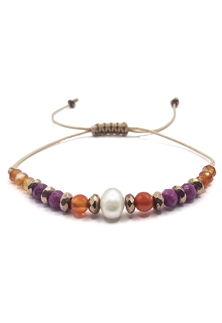 Bratara handmade, ajustabila, zodia Rac,  pietre semipretioase Carneol, Hematit, Rubin si Perla de Cultura, bej
