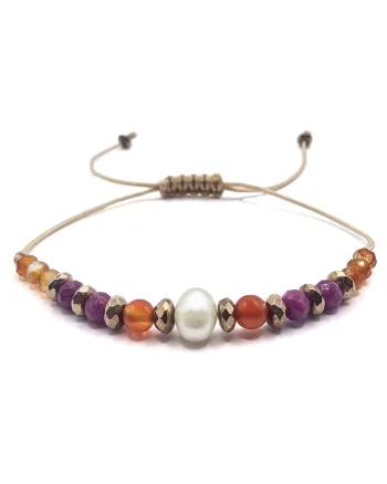 Bratara handmade, ajustabila, zodia Rac,  pietre semipretioase Carneol, Hematit, Rubin si Perla de Cultura, bej