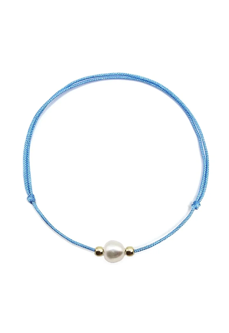 Bratara handmade  din aur 14k cu perla de cultura, Auriu/Albastru deschis
