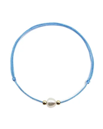 Bratara handmade  din aur 14k cu perla de cultura, Auriu/Albastru deschis