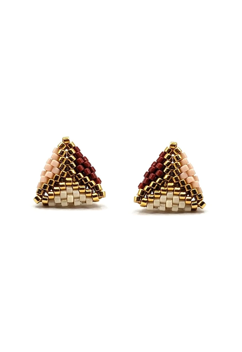 Cercei handmade, din argint 925,  element decorativ 3D din margele Miyuki Delica 11/0, Maro/Crem