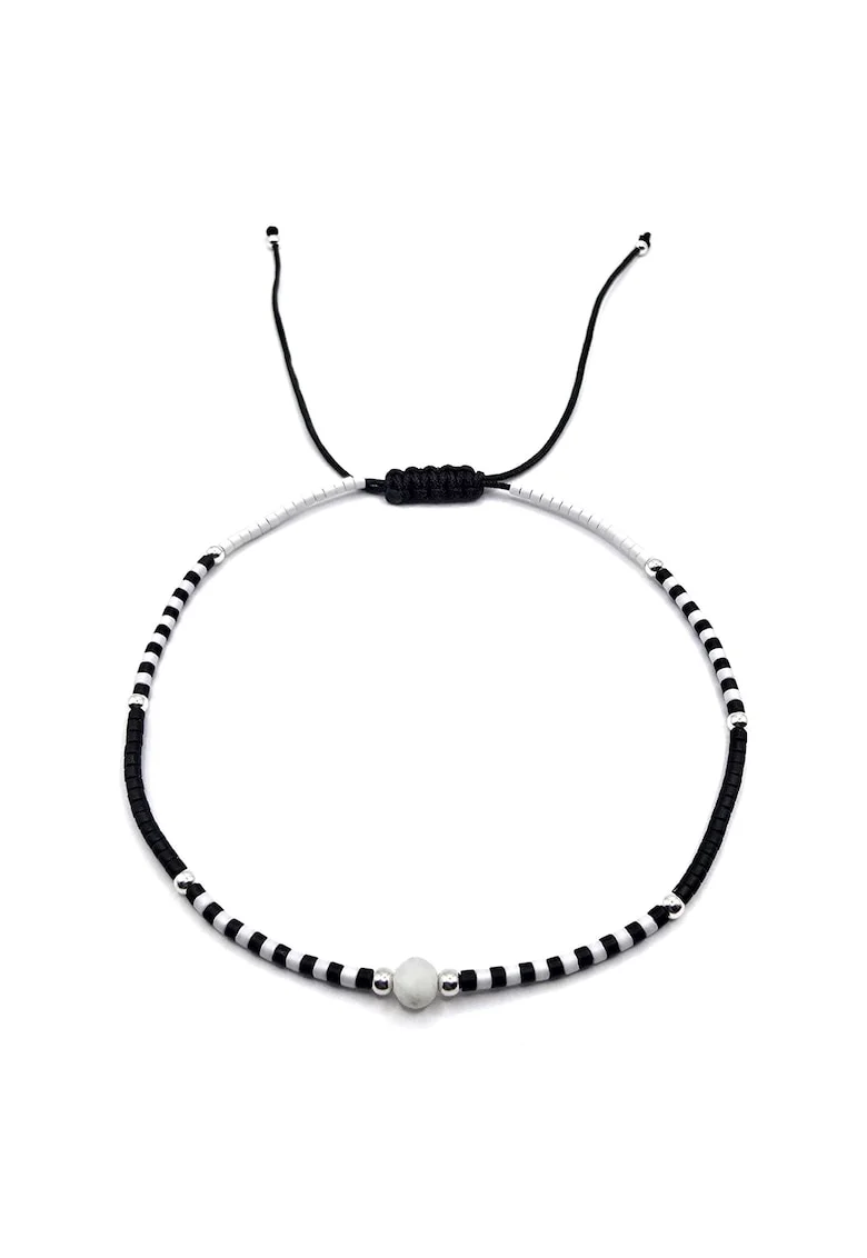 Bratara de glezna, handmade, din argint 925,  ajustabila, margele Miyuki si pietre semipretioase, Alb/Negru
