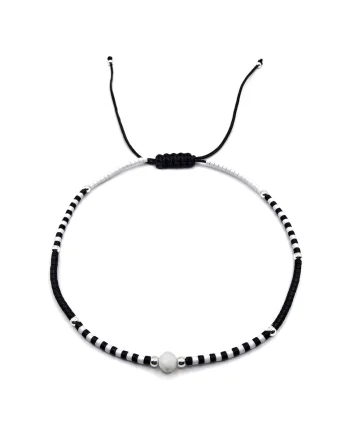 Bratara de glezna, handmade, din argint 925,  ajustabila, margele Miyuki si pietre semipretioase, Alb/Negru