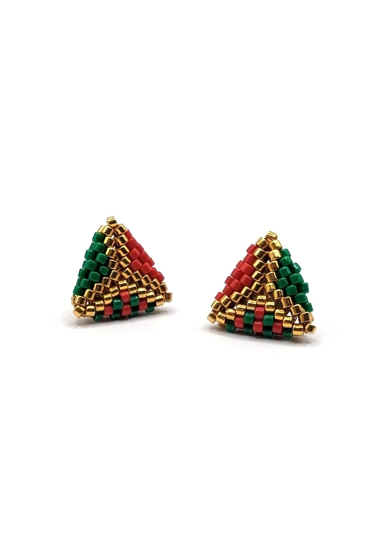 Cercei handmade, din argint 925,  element decorativ 3D din margele Miyuki Delica 11/0, Rosu/Verde