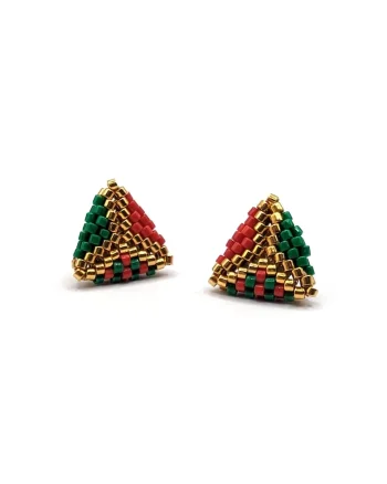Cercei handmade, din argint 925,  element decorativ 3D din margele Miyuki Delica 11/0, Rosu/Verde