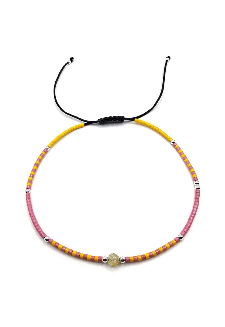 Bratara de glezna, handmade, din argint 925,  ajustabila, margele Miyuki si pietre semipretioase, Galben/Roz