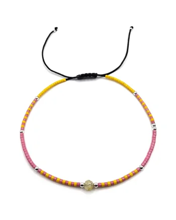 Bratara de glezna, handmade, din argint 925,  ajustabila, margele Miyuki si pietre semipretioase, Galben/Roz