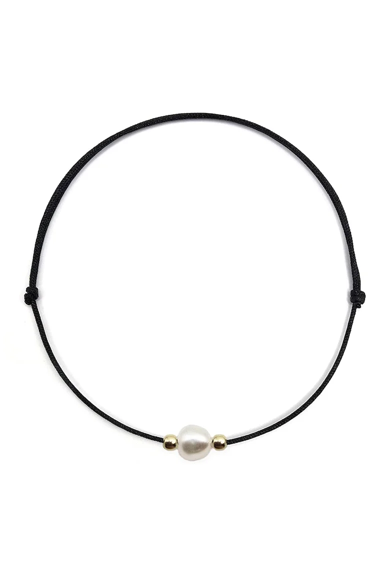 Bratara handmade, ajustabila, din aur 14k si snur de matase,  perla de cultura, Auriu/Negru