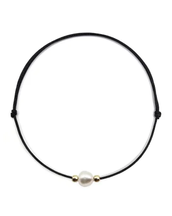 Bratara handmade, ajustabila, din aur 14k si snur de matase,  perla de cultura, Auriu/Negru