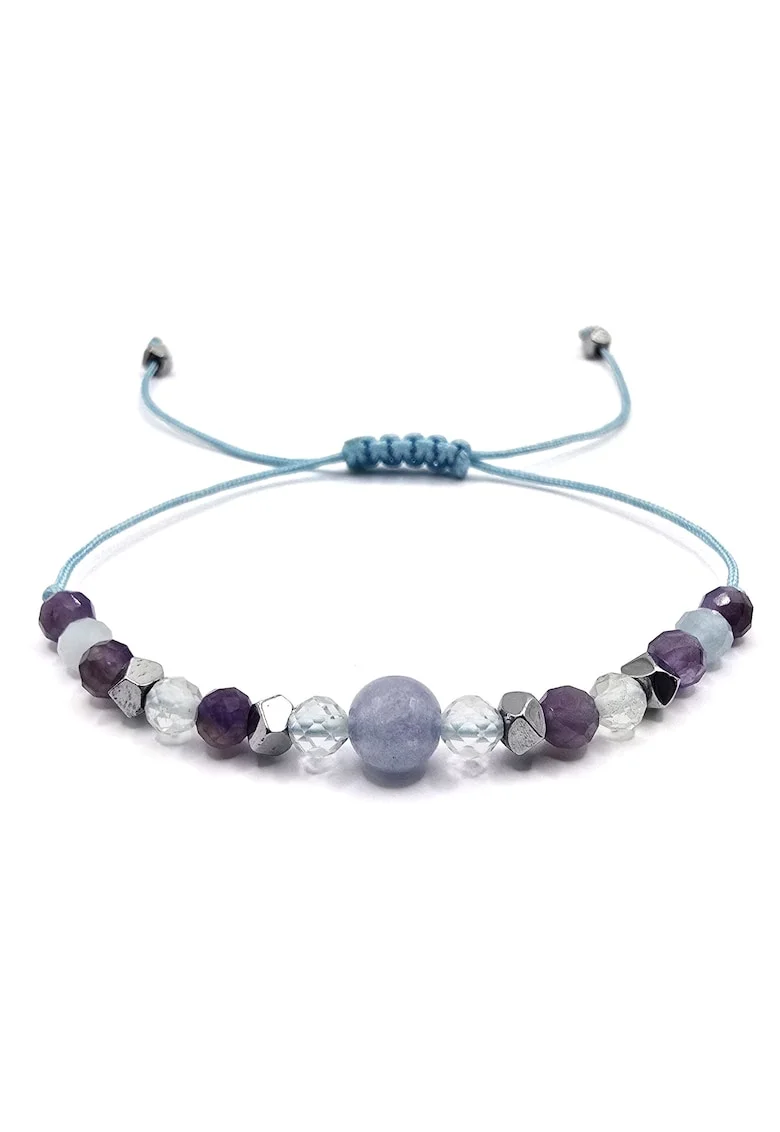 Bratara handmade, ajustabila, zodia Berbec,  pietre semipretioase Ametist, Hematit, Topaz si Acvamarin, Albastru deschis