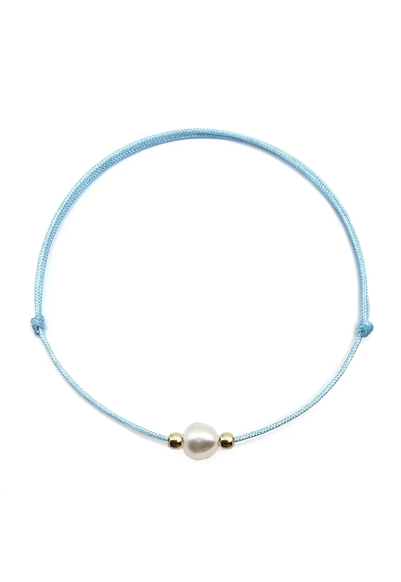 Bratara handmade  din aur 14k cu perla de cultura, Auriu/Albastru azur