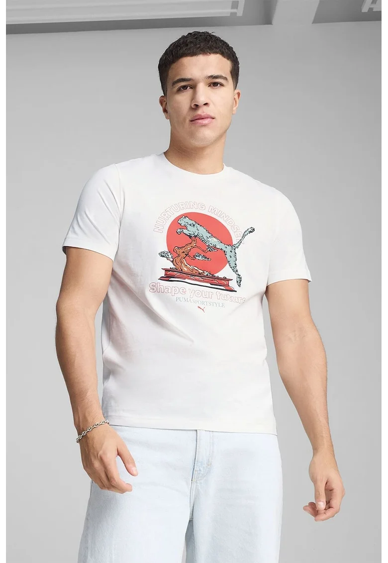 Tricou de bumbac cu decolteu la baza gatului, Alb/Coral