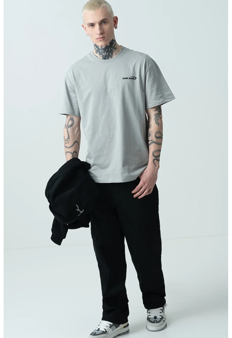 Tricou de bumbac cu imprimeu text si grafic pe spate, Gri cenusiu/Verde lime