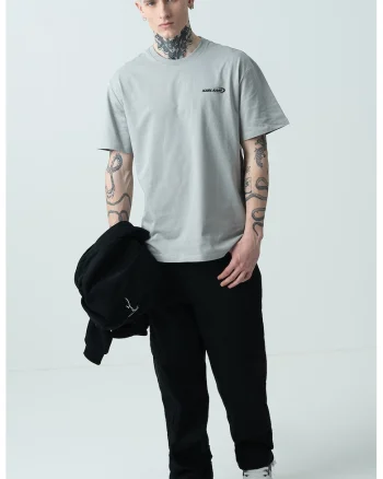Tricou de bumbac cu imprimeu text si grafic pe spate, Gri cenusiu/Verde lime