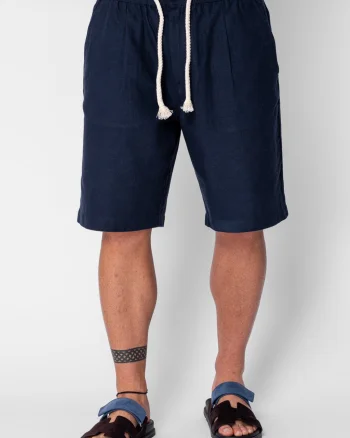 Pantaloni scurti din IN cu nasture si snur Navy