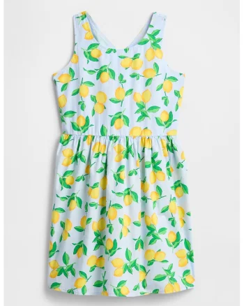 Rochie evazata cu imprimeu cu fructe, Galben deschis/Albastru glaciar