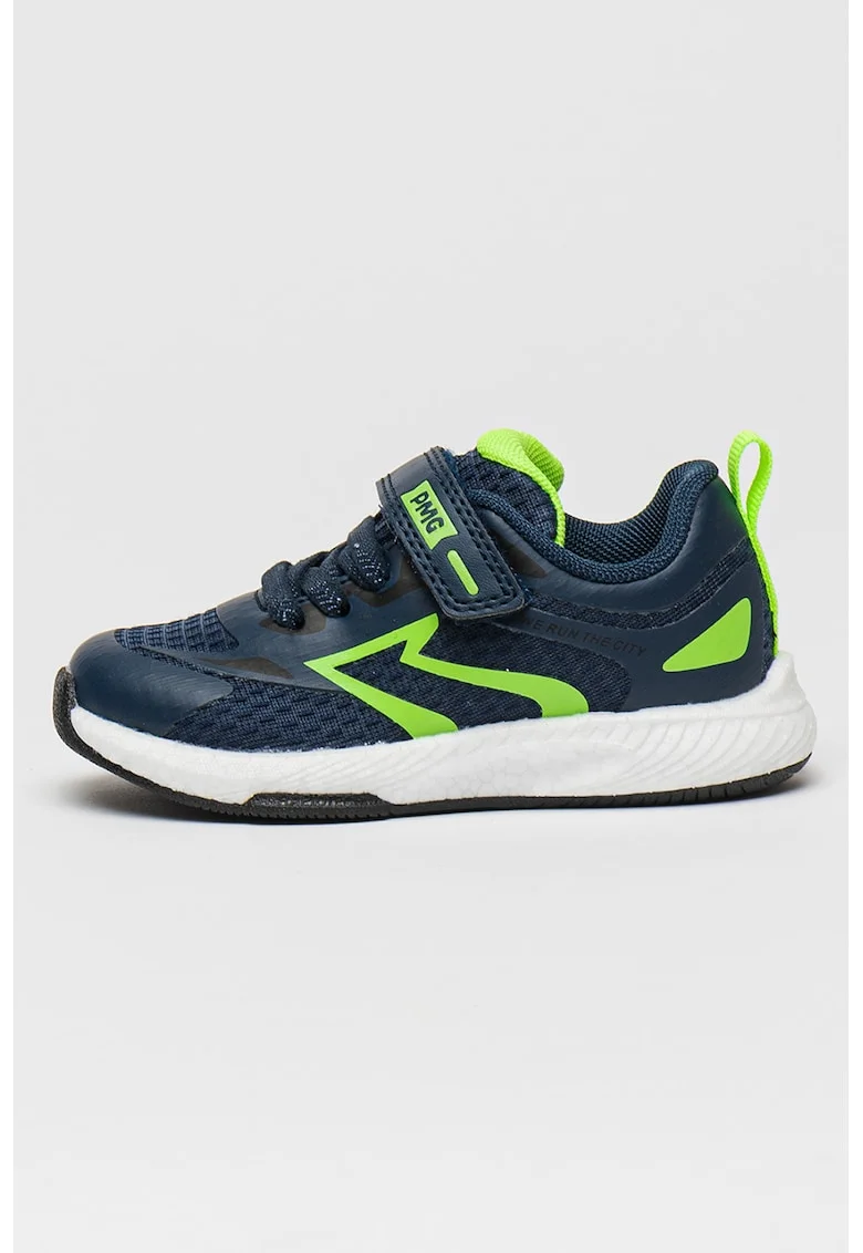 Pantofi sport cu inchidere velcro, talpa plata si insertii din piele ecologica, Verde deschis/Bleumarin