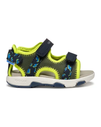 Sandale din material textil si piele ecologica, Verde lime/Bleumarin
