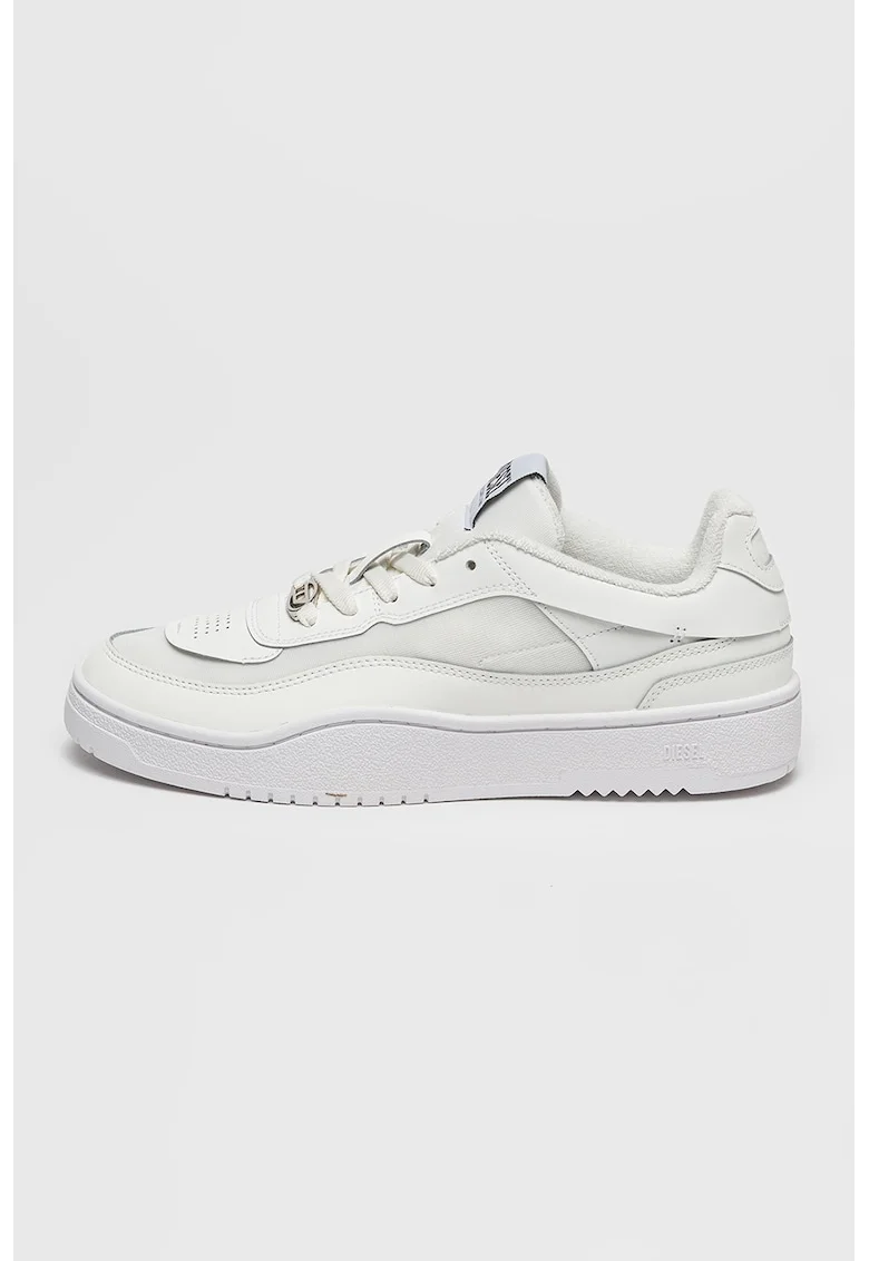 Pantofi sport low-cut cu varf oval si garnituri din piele, Alb optic/Alb murdar