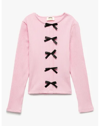 Bluza din amestec de bumbac cu funde, Roz pal