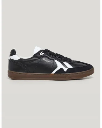 Pantofi sport de piele cu insertii de piele intoarsa, Alb/Negru