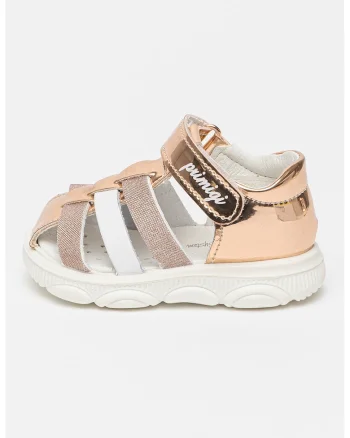 Sandale cu aspect lacuit si velcro, Alb/Bronz