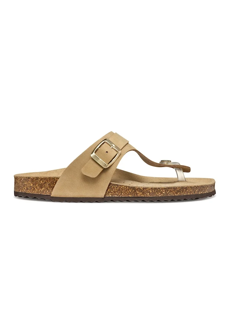 Papuci flip-flop din piele cu catarama, Auriu/Maro deschis/Transparent