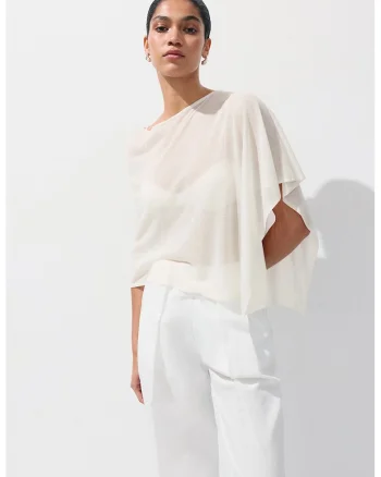 Bluza asimetrica semi-transparenta cu decolteu barcuta, Alb murdar,