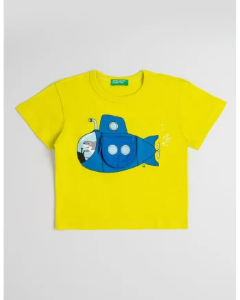 Tricou de bumbac cu model interactiv, Albastru inchis/Verde neon