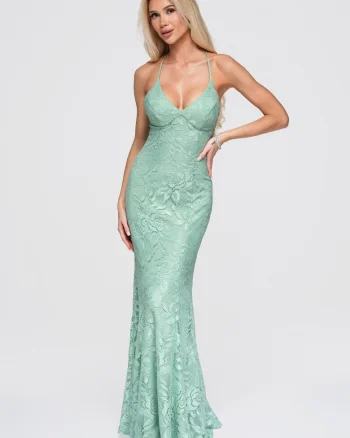 Rochie maxi cu decolteu in V si spate descoperit, croi ajustat, rochie de seara, Verde