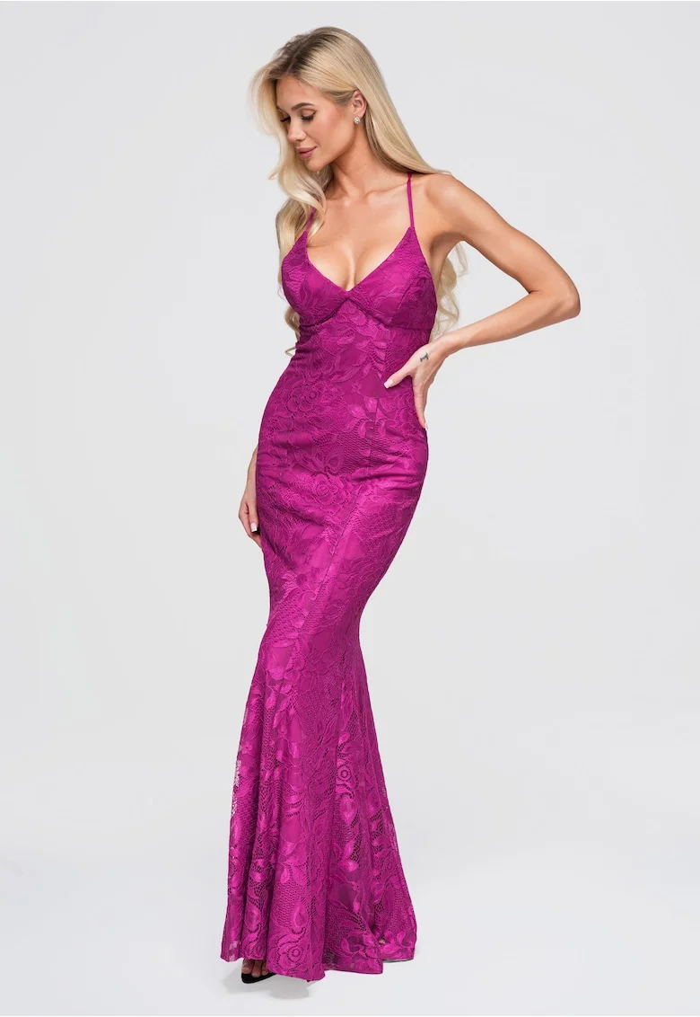 Rochie maxi cu decolteu in V si spate descoperit, croi ajustat, rochie de seara, Fucsia