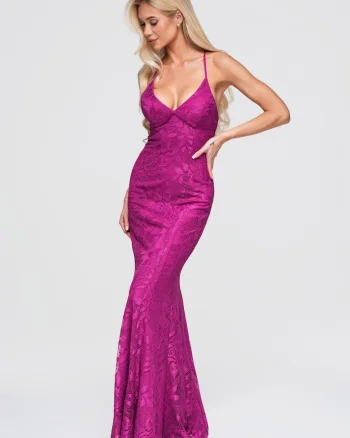 Rochie maxi cu decolteu in V si spate descoperit, croi ajustat, rochie de seara, Fucsia