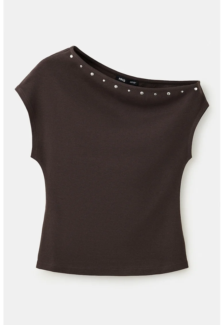 Tricou din amestec de bumbac cu decolteu pe un umar, Maro inchis