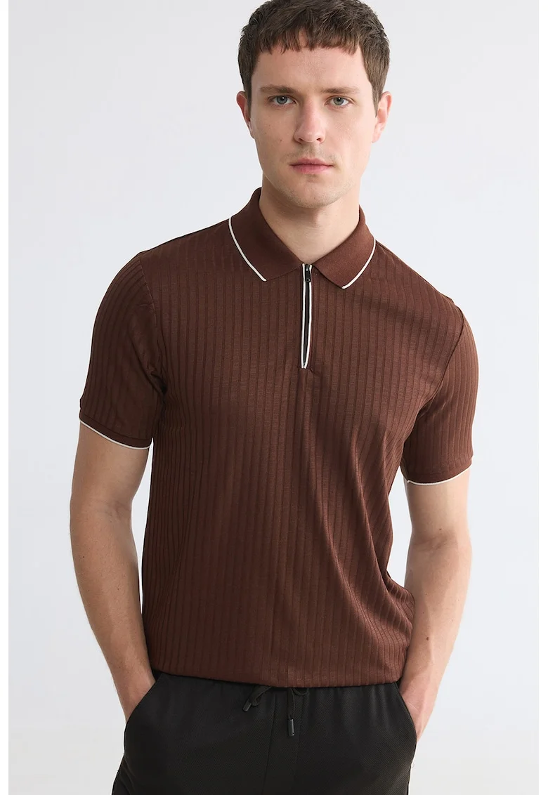 Tricou polo cu fenta cu fermoar, Maro inchis/Maro