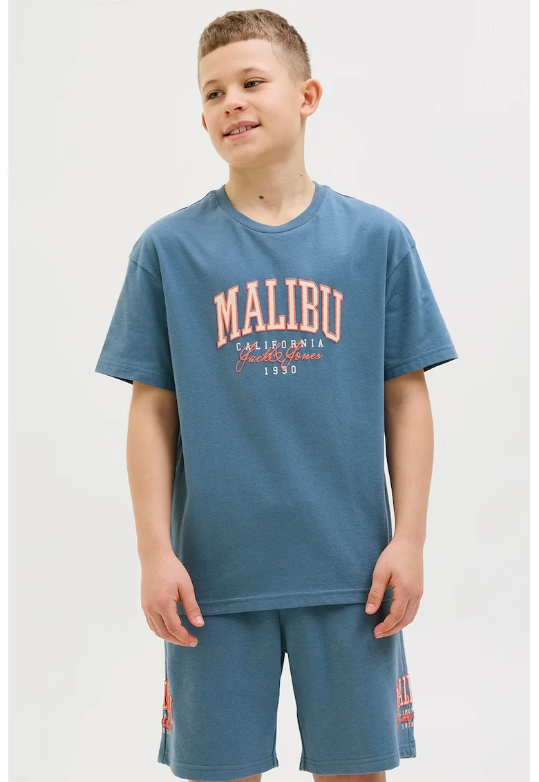 Tricou cu decolteu la baza gatului, imprimeu text si logo, Albastru prafuit