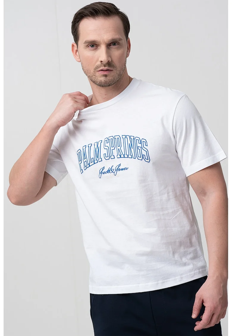 Tricou cu decolteu la baza gatului si imprimeu text, Albastru royal/Alb optic