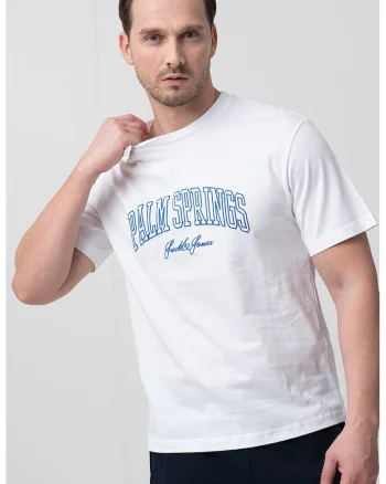 Tricou cu decolteu la baza gatului si imprimeu text, Albastru royal/Alb optic