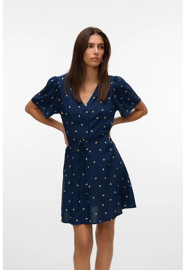 Rochie mini cu decolteu in V, Alb/Bleumarin
